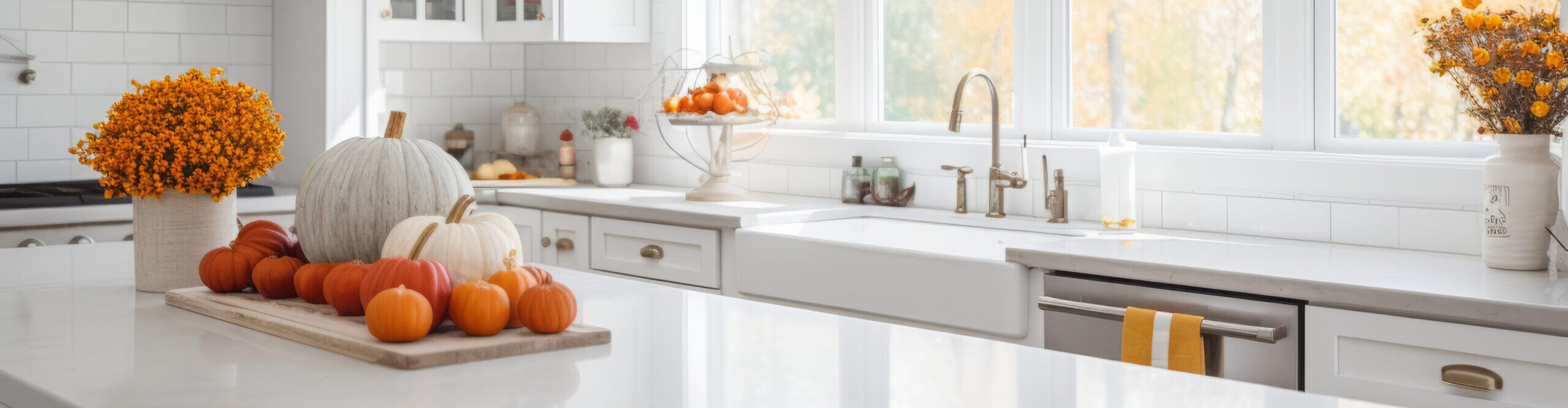 Fall kitchen decor: pumpkins, gourds, and orange flowers on a white kitchen counter. Autumn home buying concept.