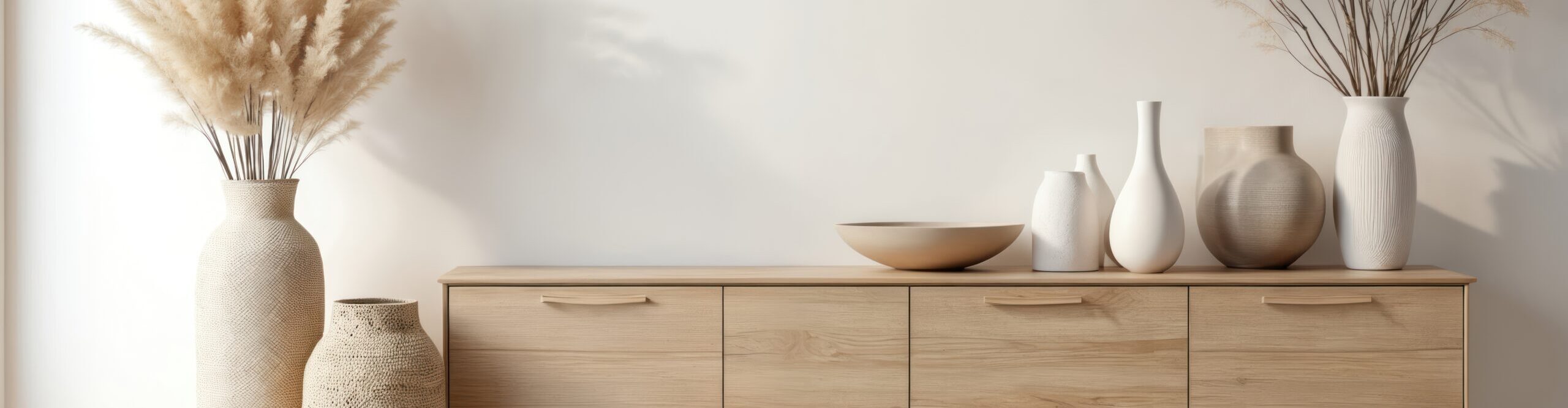 Minimalist wooden cabinet displays ceramic vases and dried pampas grass. Neutral tones create serene home decor. Light fills room, accentuating natural textures. Interior design, Japandi style.